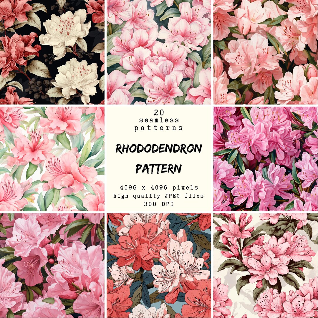 Rhodeisn Pattern Rhododendron Pattern Digital Paper: 20 Seamless Floral Designs (digital ...