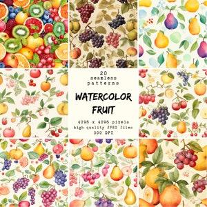 Aquarell-Obst-Muster - Digitales Papier - 20 nahtlose Muster für Kunsthandwerk und kommerzielle Nutzung, druckfertige Designs, POD freundlich,