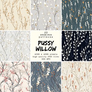 Pussy Willow Pattern - Digital Paper - 20 seamless patterns for crafts and commercial use, print ready designs, POD friendly, high quality