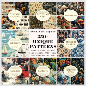 May include: A collection of 350+ unique seamless patterns, each measuring 4096 x 4096 pixels. The patterns feature various themes, including vintage cameras, Egyptian cityscapes, mushrooms, sailboats, Turkish carpets, samurai, parrots, and majestic owls. The patterns are high quality JPEG files and are suitable for commercial use.