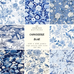Blauw chinoiseriepatroon - digitaal papier - 20 naadloze patronen voor knutselen en commercieel gebruik, printklare ontwerpen, POD-vriendelijk, hoofdkantoor