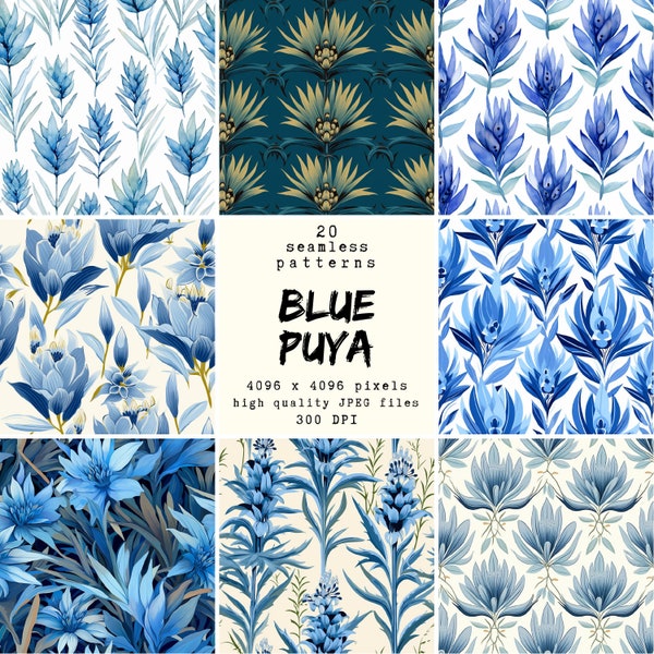 Blue Puya - Digital Paper - 20 seamless patterns for crafts and commercial use, print ready designs, POD friendly, high quality