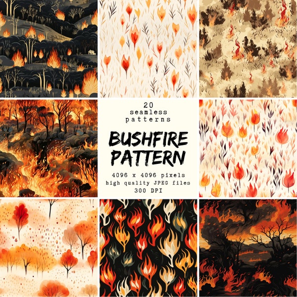 Bushfire Pattern - Digital Paper - 20 seamless patterns for crafts and commercial use, print ready designs, pod friendly, high quality