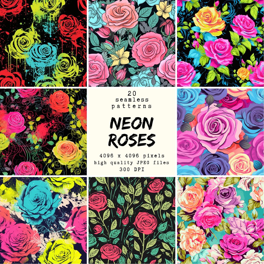 Neon Roses Pattern - Digital Paper - 20 Seamless Patterns for Crafts ...
