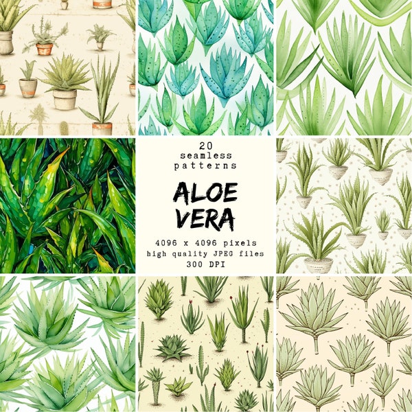 Aloe Vera - Digital Paper - 20 seamless patterns for crafts and commercial use, print ready designs, pod friendly, high quality