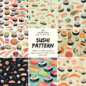 May include: A set of 20 seamless patterns featuring various sushi rolls, nigiri, and other Japanese food items. The patterns are in a variety of colours and styles, and are perfect for adding a touch of Japanese culture to any project.