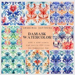 May include: A collection of nine watercolor damask patterns in various color schemes, including blue, red, orange, and green. The image includes the text "seamless patterns" and "DAMASK WATERCOLOR". The patterns are high-quality JPEG files for commercial use.