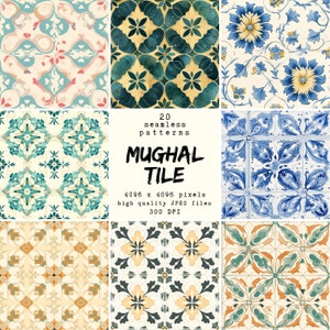 Puede incluir: Un conjunto de 20 patrones digitales sin costuras que presentan intrincados diseños de azulejos de Mughal. Los patrones son de varios colores, incluidos el azul, el verde, el amarillo y el naranja. Los patrones son de 4096 x 4096 píxeles y 300 DPI.