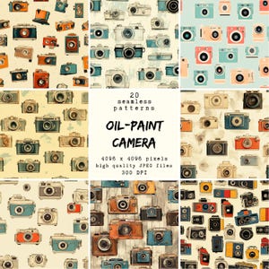 May include: A set of 20 seamless patterns featuring vintage cameras in an oil-paint style. The patterns are in various colors, including red, blue, yellow, and green, and are set against a white background. The text "20 seamless patterns OIL-PAINT CAMERA 4096 x 4096 pixels high quality JPEG files 300 DPI" is in the center of the image.