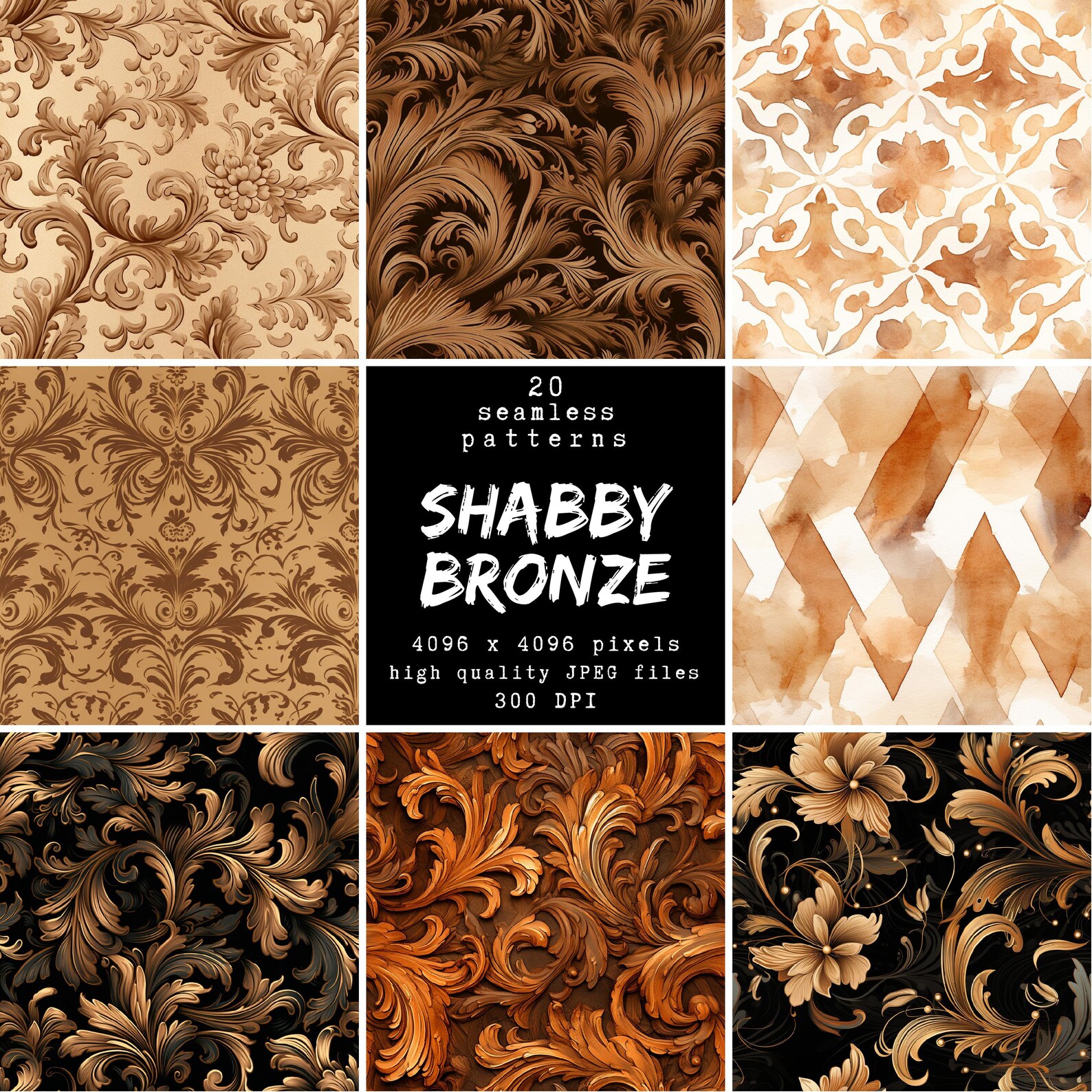 Shabby Bronze Digital Paper: 20 Seamless Floral Patterns (JPG) - Etsy