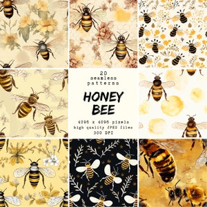 Peut inclure: Un ensemble de 20 motifs numériques sans couture mettant en scène des illustrations à l'aquarelle d'abeilles et d'éléments floraux. Les motifs mesurent 4096 x 4096 pixels et 300 DPI.