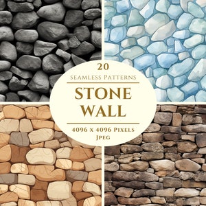 Può includere: 20 motivi di muro in pietra senza cuciture, ognuno con una dimensione di 4096 x 4096 pixel in formato JPEG. I motivi presentano vari stili di muri in pietra, tra cui tonalità di grigio, marrone e blu.