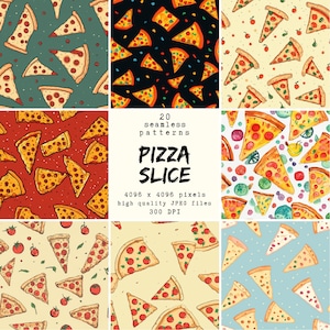 Puede incluir: 20 patrones sin costuras de rebanadas de pizza en varios colores y estilos. Los patrones son de 4096 x 4096 píxeles y 300 DPI.