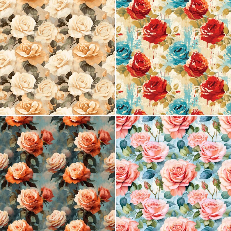 Oilpaint Roses Pattern Digital Paper 20 Seamless Patterns for Crafts