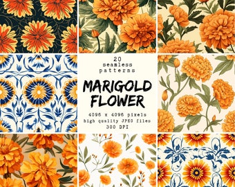 Marigold Flower Digital Paper: 20 Seamless Patterns (Digital Download)