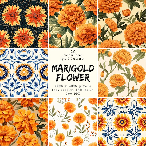 Marigold Flower - Digital Paper - 20 seamless patterns for crafts and commercial use, print ready designs, print on demand, high quality