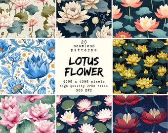 Lotus Flower Digital Paper: 20 Seamless Patterns (Print Ready)
