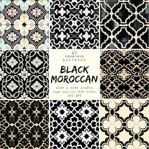 Motif marocain noir - Papier numérique - 20 modèles sans couture pour travaux manuels et usage commercial, modèles prêts à imprimer, POD friendly, HQ