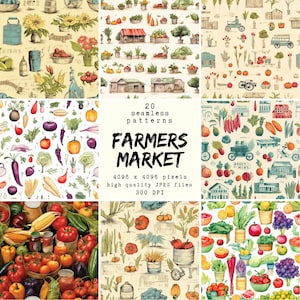 May include: A set of 20 seamless digital patterns featuring watercolor illustrations of a farmers market. The patterns include various fruits, vegetables, and farm-related items, such as baskets, wheelbarrows, and buildings. The patterns are 4096 x 4096 pixels and 300 DPI.