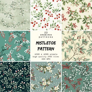 Peut inclure: Un ensemble de 20 motifs numériques sans couture présentant différents designs de gui avec des baies rouges et des fleurs blanches. Les motifs sont parfaits pour les travaux manuels de Noël, le papier d'emballage et autres projets festifs.