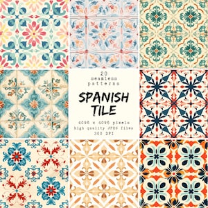 Spanisches Fliesenmuster - Digitales Papier - 20 nahtlose Muster für Kunsthandwerk und kommerzielle Nutzung, druckfertige Designs, POD freundlich, hohe Qualität