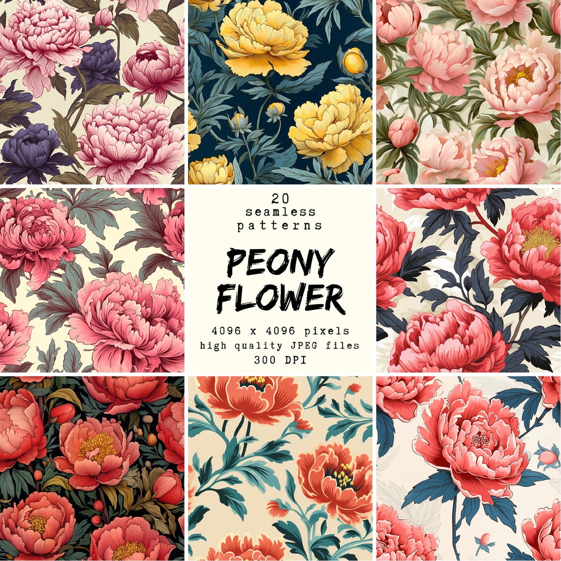 Peony Flower Digital Paper: 20 Seamless Patterns (digital Download) - Etsy