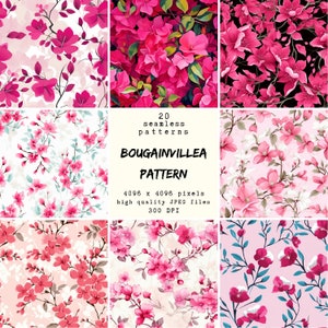 May include: 20 seamless patterns of pink bougainvillea flowers in various arrangements. The patterns are 4096 x 4096 pixels, high quality JPEG files, 300 DPI.