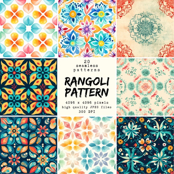 Rangoli Pattern - Digital Paper - 20 seamless patterns for crafts and commercial use, print ready designs, POD friendly, high quality