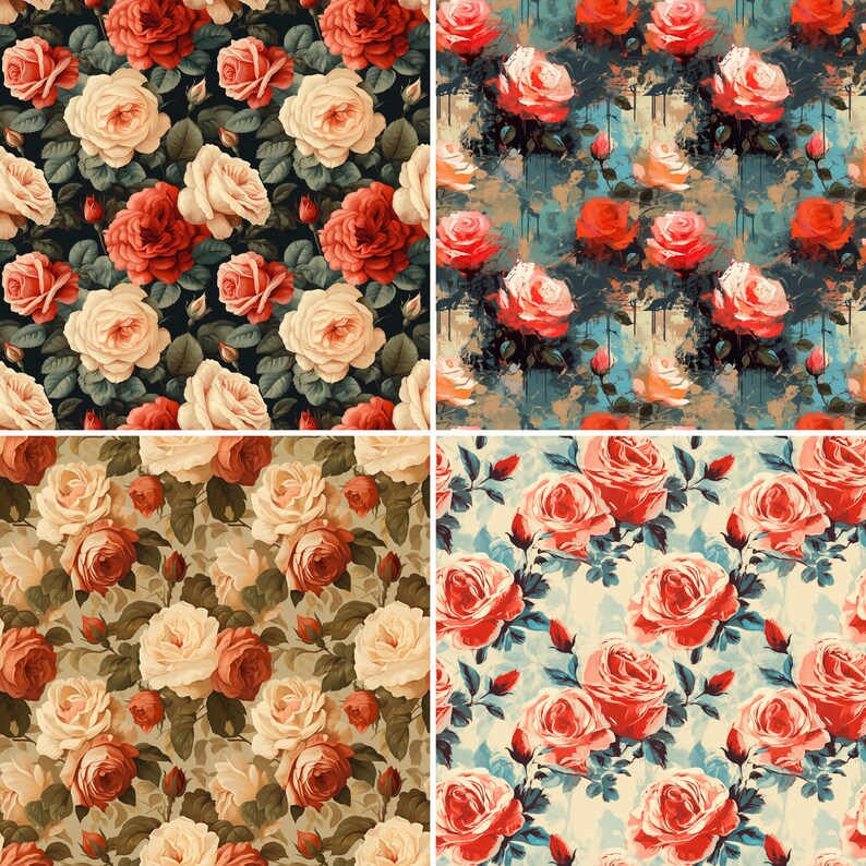Oilpaint Roses Pattern Digital Paper 20 Seamless Patterns for Crafts