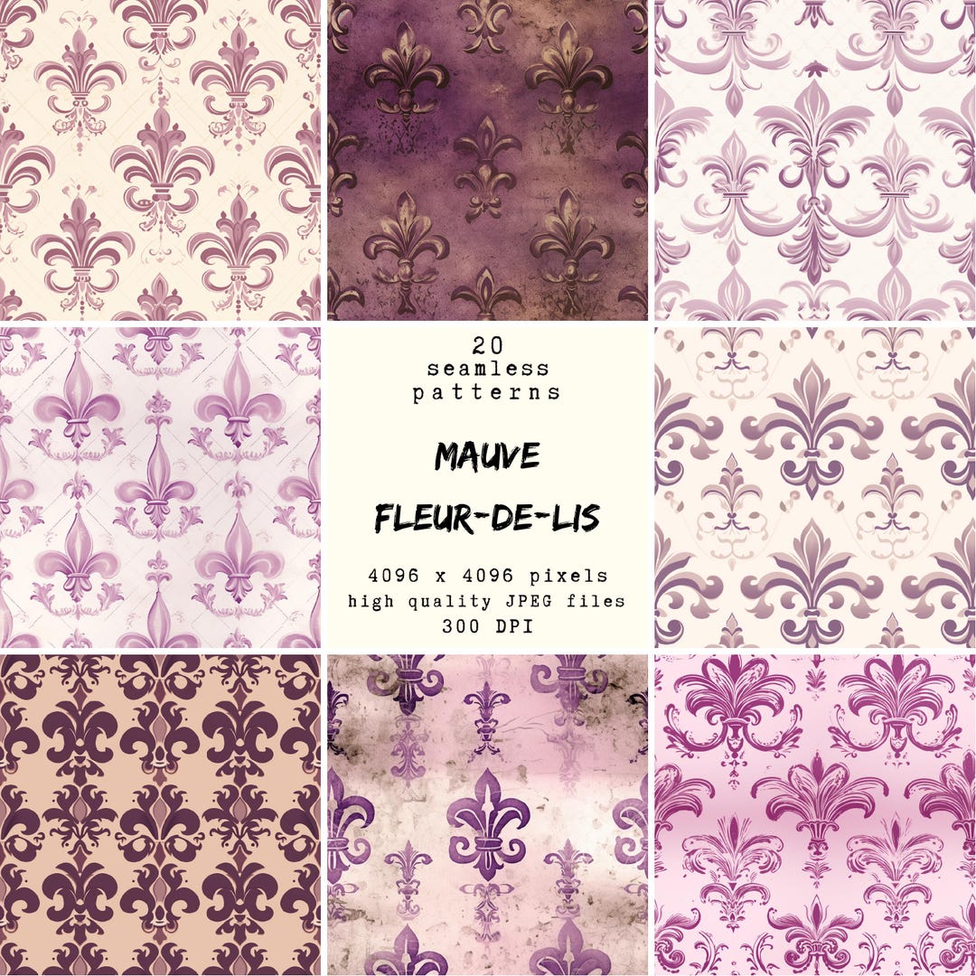 Mauve Fleur-di-lis Pattern - Digital Paper - 20 Seamless Patterns for ...