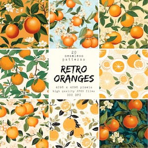 Patrón de naranjas retro - Papel digital - 20 patrones sin costuras para manualidades y uso comercial, diseños listos para imprimir, compatibles con POD, HQ