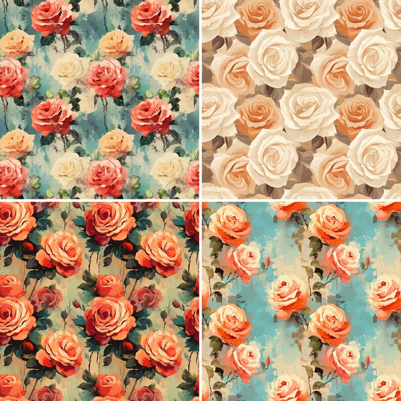 Oilpaint Roses Pattern Digital Paper 20 Seamless Patterns for Crafts