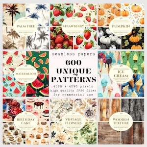 May include: A collection of 600 unique seamless patterns, each measuring 4096 x 4096 pixels. The patterns feature various themes, including palm trees, strawberries, pumpkins, watermelon, ice cream, birthday cake, vintage flowers, and wooden texture. These high-quality JPEG files are perfect for commercial use.