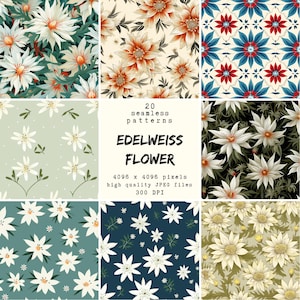 Edelweiss Blume - Digitales Papier - 20 nahtlose Muster für Handwerk und kommerzielle Nutzung, druckfertige Designs, Print on Demand, hohe Qualität