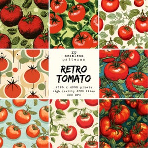 Motivo a pomodoro retrò - Carta digitale - 20 motivi senza soluzione di continuità per artigianato e uso commerciale, disegni pronti per la stampa, adatti a POD, HQ