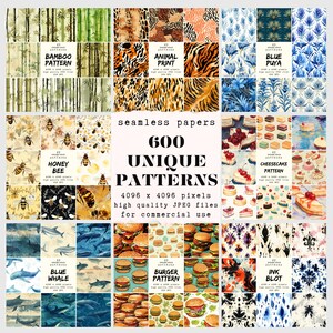 May include: A collage of 600 unique seamless patterns, each measuring 4096 x 4096 pixels. The patterns are high quality JPEG files and are for commercial use. The patterns include a variety of designs, such as bamboo, animal print, blue puya, honey bee, blue whale, cheesecake, burger, and ink blot.