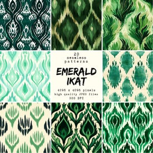 以下が含まれることがあります： エメラルドグリーンのイカットデザインを特徴とする、シームレスなデジタルパターン20個のセット。パターンは4096 x 4096ピクセル、300 DPIです。