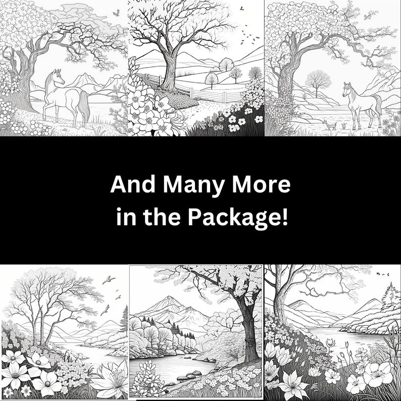 Spring Scenes Coloring Book, 40 Coloring Pages, Printable PDF & PNG