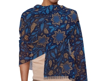 Light Translucent Scarf with Blue & Gold Floral Motif
