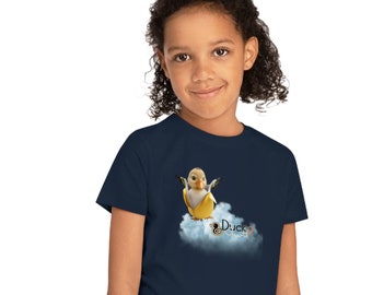 Kids' T-Shirt with Duckling Flying Over a Puff of Cloud (UK)