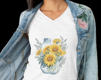 Jersey Short Sleeve V-Neck Tee with Sunflowers (Personalization Option)