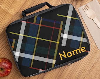 Personal Lunch Bag with Navy Blue Plaid Pattern