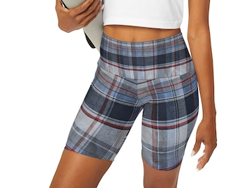 High Waisted Yoga Shorts (Jean Blue Plaid Pattern)