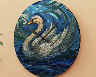 Acrylic Wall Clock with White Swan Mosaic Style Painting (Round & Square)