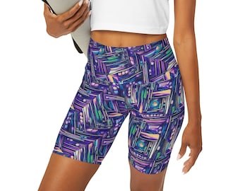 High Waisted Yoga Shorts (Purple Abstract Art)