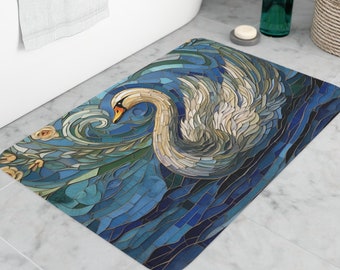 Memory Foam Bath Mat with White Swan or Duck Mosaic Print