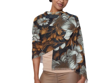 Light Translucent Scarf with White Peony Floral Print