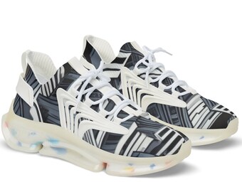 Black & Grey Abstract Opt-Art of Fortress on Men's Mesh Sneakers