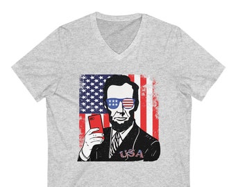 Jersey Short Sleeve V-Neck Tee with Lincoln portrait and America graphics