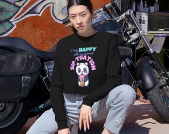 Women's Cropped Sweatshirt with Panda Drinking Boba